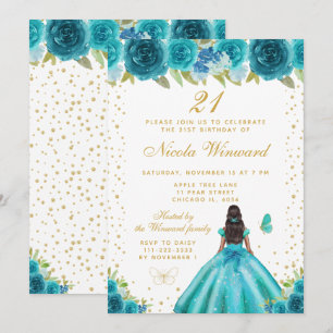 Invitación Cumpleaños de Princesa de Piel Oscura con Flores T