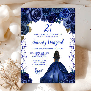 Invitación Cumpleaños de Princesa de Piel Oscura de Azul Mari