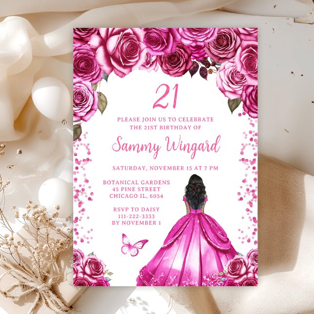 Invitación Cumpleaños de Princesa de Piel Oscura Rosa Fucsia (Subido por el creador)