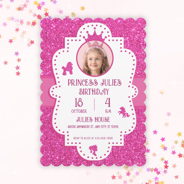 Invitación Cumpleaños de princesa destello de purpurina rosa  (Subido por el creador)