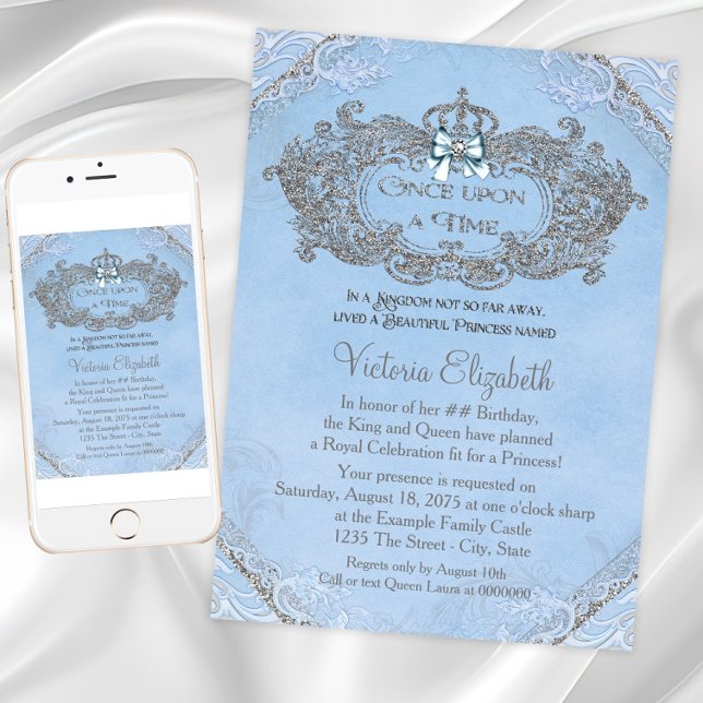 Invitación Cumpleaños de Princesa Érase una Vez (Cinderella princess birthday invitation with pretty silver crown on a blue and silver background.)