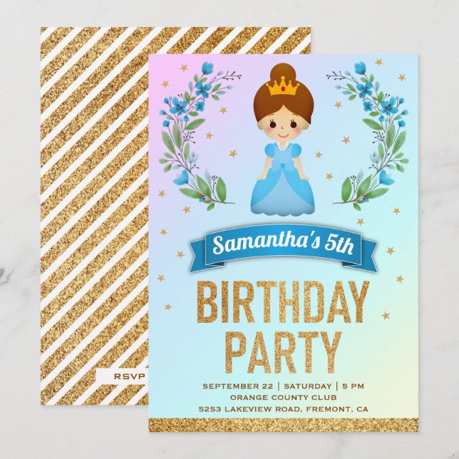 Invitación Cumpleaños de Princesa Floral Azul con Brillo Dora (Anverso / Reverso)