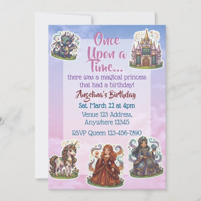 Invitación Cumpleaños de Princesa Mágica Pegatina (Anverso)