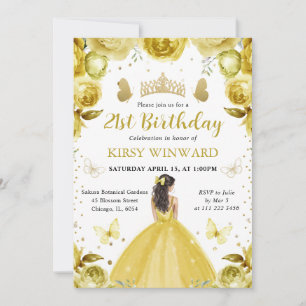 Invitación Cumpleaños de Princesa Morena con Vestido Amarillo