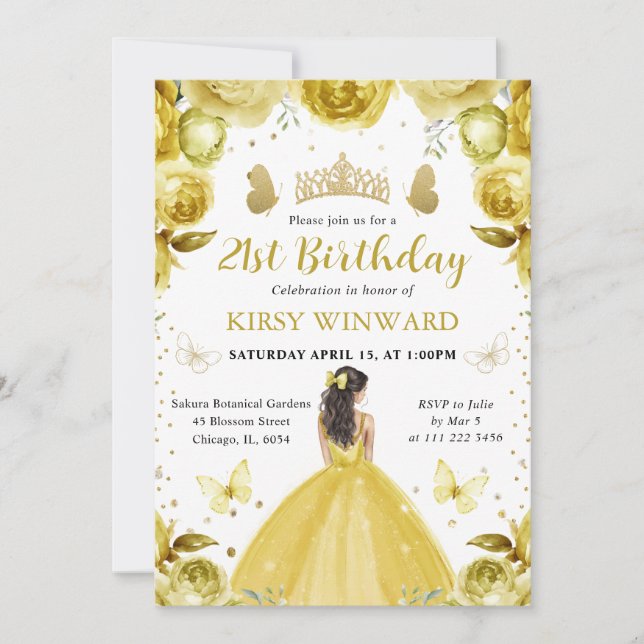 Invitación Cumpleaños de Princesa Morena con Vestido Amarillo (Anverso)