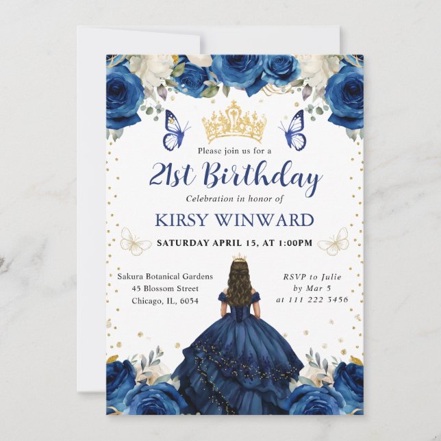 Invitación Cumpleaños de princesa morena de vestido azul mari (Anverso)