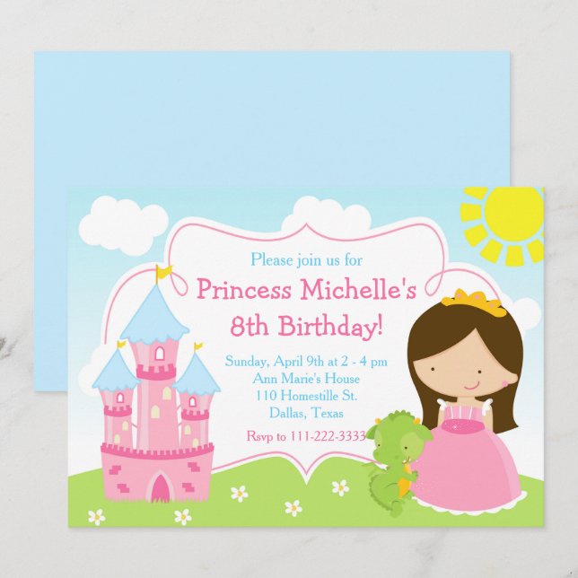 Invitación Cumpleaños de Princesa Morena y Dragón Lindo (Anverso / Reverso)