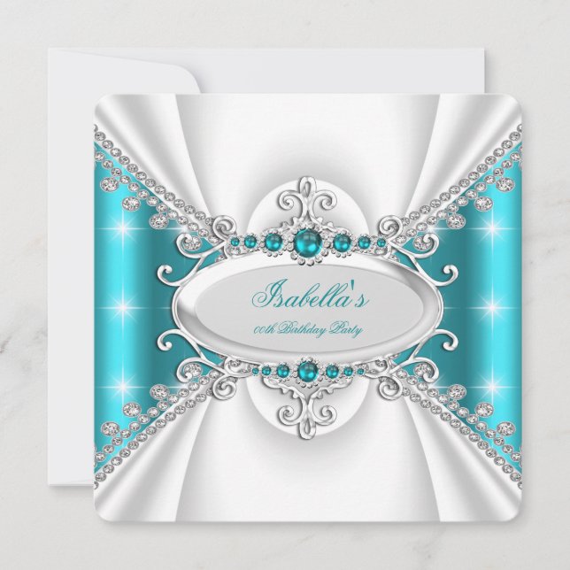 Invitación Cumpleaños de Princesa Perlas Azul Turquesa Brilla (Anverso)