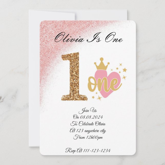 Invitación cumpleaños de princesa purpurina rosa chica (Anverso)