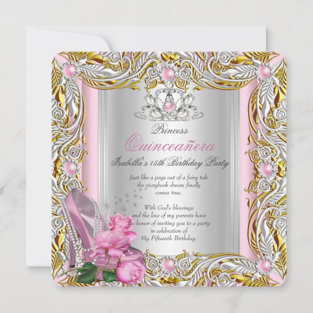 Invitación Cumpleaños de Princesa Quinceañera Rosa Dorado Ros (Anverso)