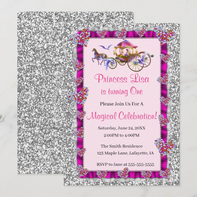 Invitación Cumpleaños de Princesa Real con Lazo Rosa y Brillo (Anverso / Reverso)