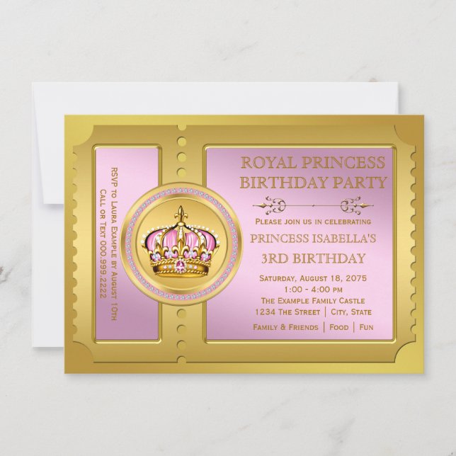 Invitación Cumpleaños de Princesa Real Rosa y Dorado (Anverso)