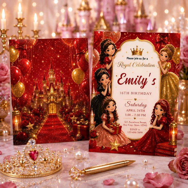 Invitación Cumpleaños de Princesa Rojo y Dorado de Lujo (Subido por el creador)
