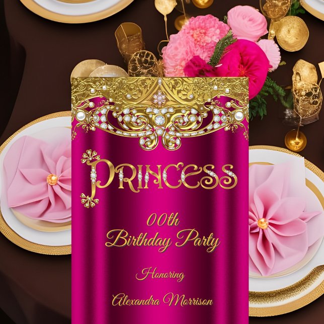 Invitación Cumpleaños de princesa Rosa brillante Diamante Oro (Subido por el creador)