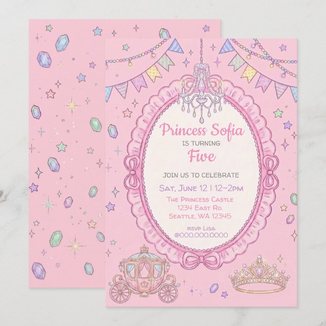 Invitación Cumpleaños de princesa rosa de cuento de hadas ele (Anverso / Reverso)