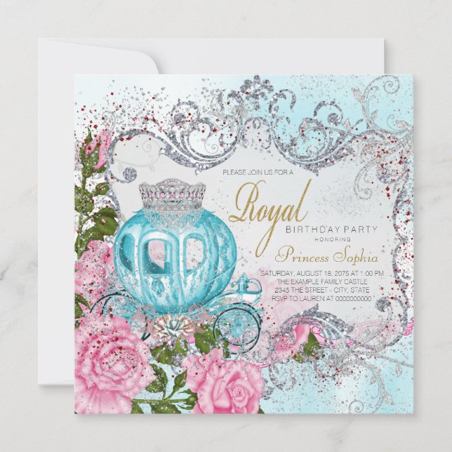 Invitación Cumpleaños de Princesa Rosa Real y Azul Turquesa (Anverso)