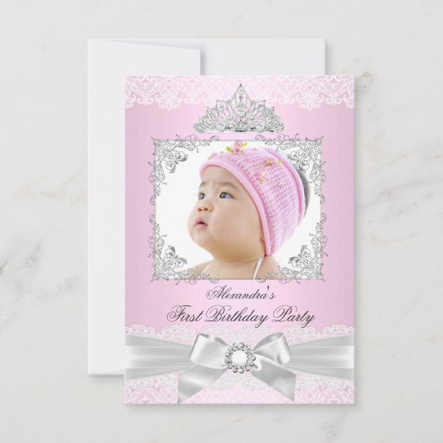 Invitación Cumpleaños de Princesa rosa y plata para niña de u (Anverso)