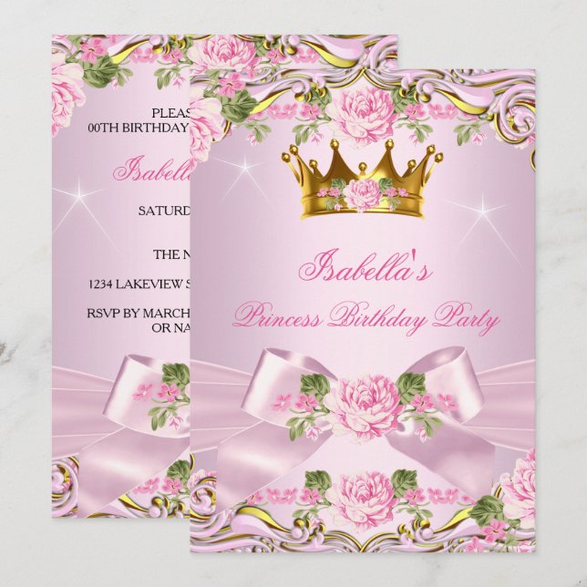 Invitación Cumpleaños de Princesa Rosas Rosadas Doradas Fiest (Anverso / Reverso)