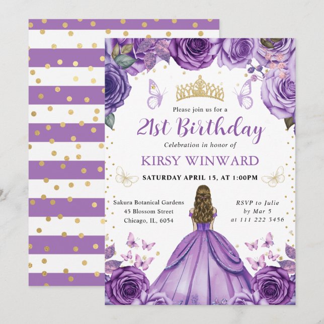 Invitación Cumpleaños de princesa rubia con vestido morado (Anverso / Reverso)