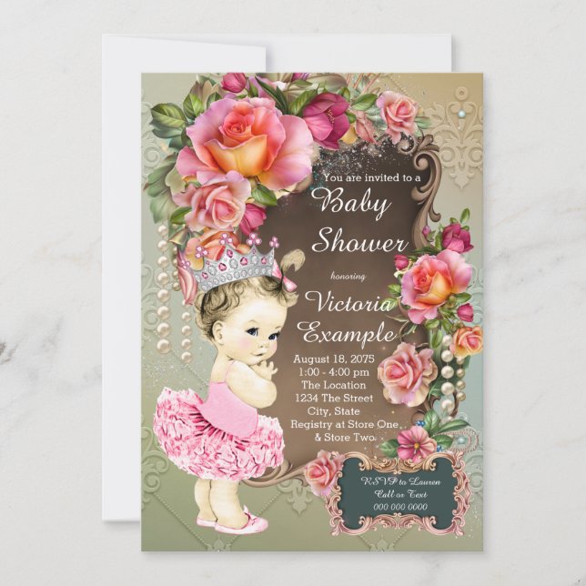 Invitación Cumpleaños de princesa tutú perla rosa (Anverso)