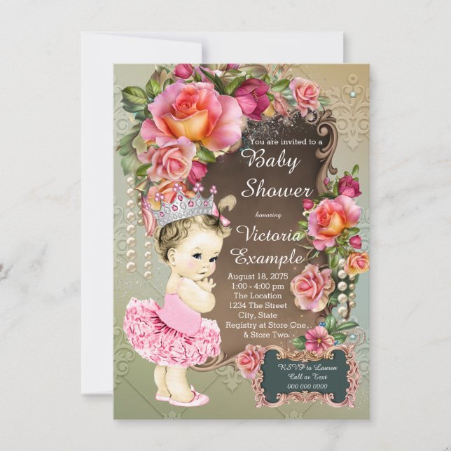 Invitación Cumpleaños de princesa tutú perla rosa (Anverso)