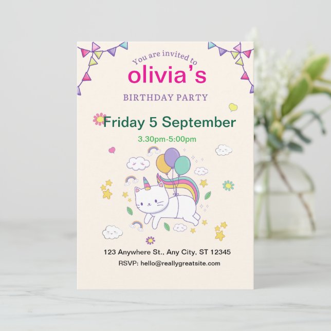Invitación Cumpleaños de princesa Unicornio dibujado a mano (Anverso de pie)