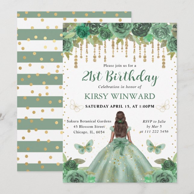 Invitación Cumpleaños de Princesa Verde y Dorado Acuarela (Anverso / Reverso)