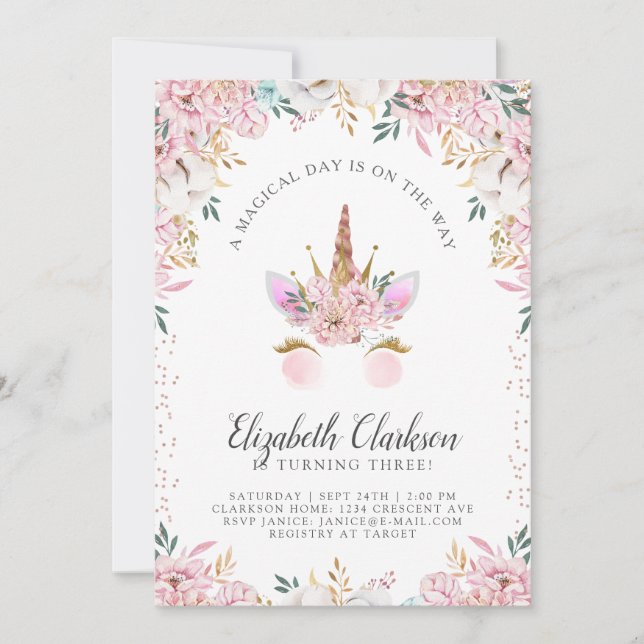 Invitación Cumpleaños de Princesas Floral Unicornio (Anverso)