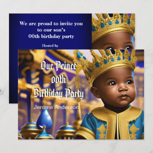 Invitación Cumpleaños de Príncipe Niño Azul Oro Afroamericano