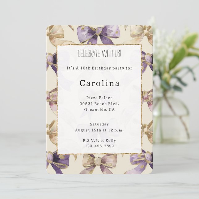 Invitación Cumpleaños de Purple Gold Bows (Anverso de pie)