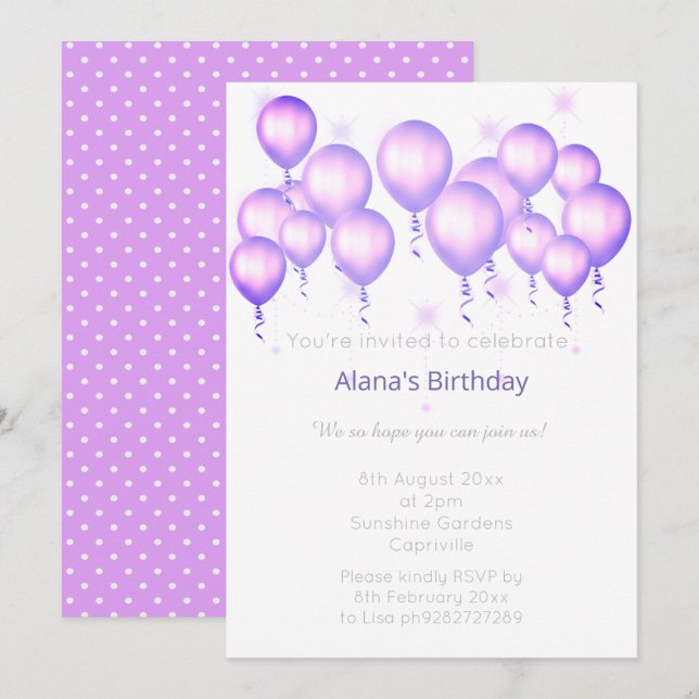 INVITACIÓN CUMPLEAÑOS DE PURPLE PURPLE BALLOON MODERNO (Anverso / Reverso)