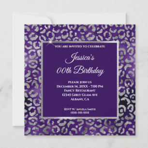 Invitación Cumpleaños de Purpura Índigo y Leopardo Plateado F