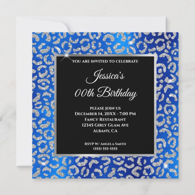 Invitación Cumpleaños de Purpurina de Leopardo Plateado con H (Anverso)