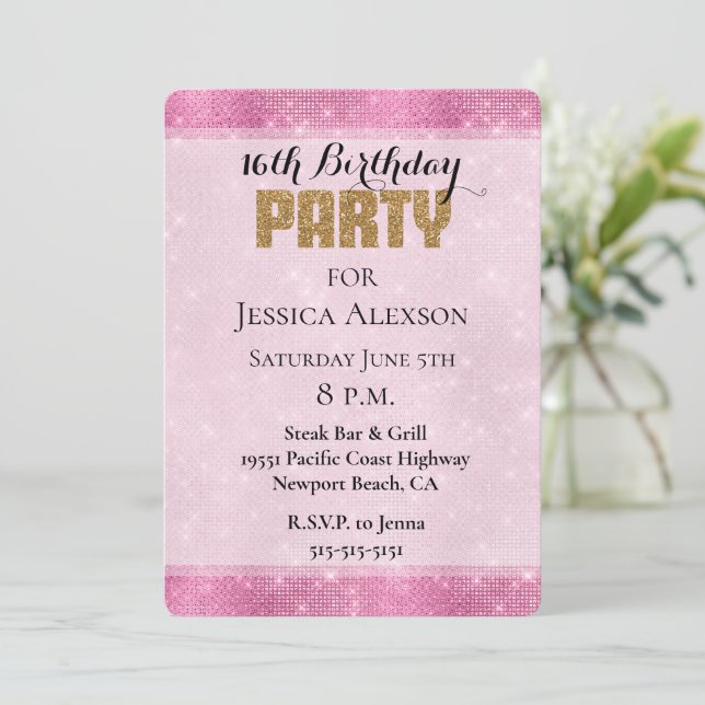 Invitación Cumpleaños de Purpurina de oro de Esparkle Rosa (Anverso de pie)