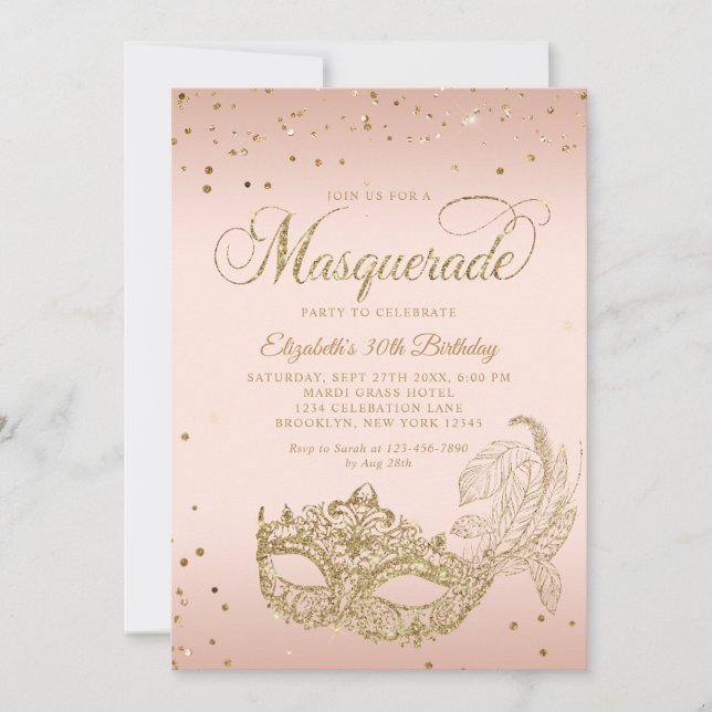 Invitación Cumpleaños de purpurina dorada rosa sonrojada para (Anverso)