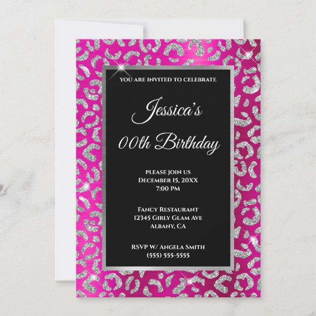 Invitación Cumpleaños de Purpurina Leopardo Plateado Rosa Cal (Anverso)