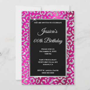 Invitación Cumpleaños de Purpurina Leopardo Plateado Rosa Cal