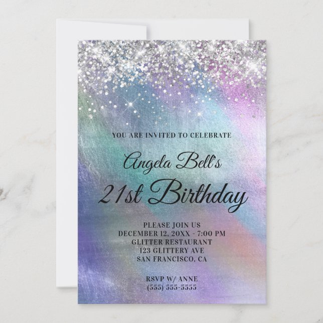 Invitación Cumpleaños de Purpurina Plateada Brillante Iridesc (Anverso)