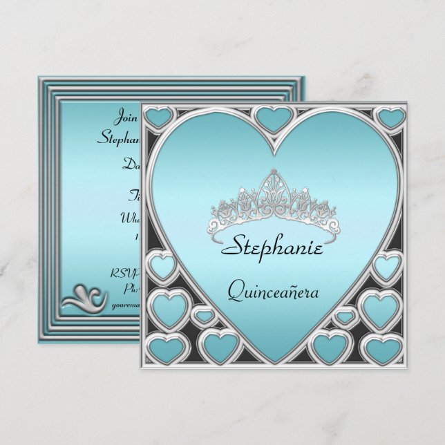 Invitación Cumpleaños de Quinceañera azul (Anverso / Reverso)