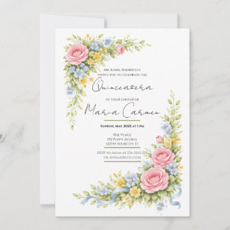 Invitación Cumpleaños de Quinceañera con acuarela femenina fl