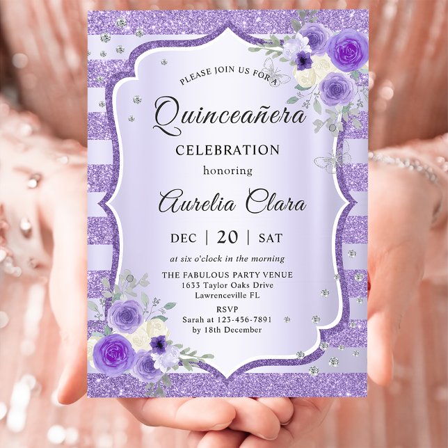 Invitación Cumpleaños de Quinceanera floral púrpura (Subido por el creador)