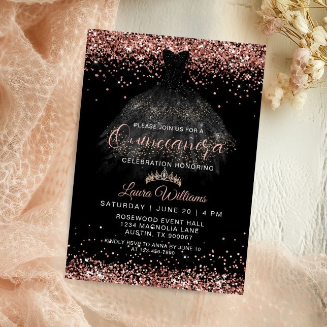 Invitación Cumpleaños de Quinceañera Princesa con Brillo de O (Black & Rose Gold Princess Dress quinceañera Birthday Invitation)