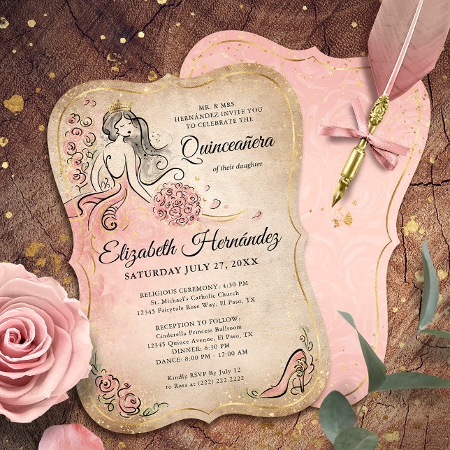 Invitación Cumpleaños de Quinceañera Princesa Rosa y Dorado (Unique, downloadable rose gold pink quinceanera invitations on an editable DIY template.)