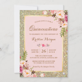 Invitación Cumpleaños de Quinceanera | Purpurinas de Oro Flor