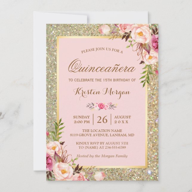 Invitación Cumpleaños de Quinceanera | Purpurinas de Oro Flor (Anverso)