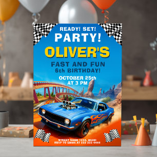 Invitación Cumpleaños de Race Car, Fiesta de Blue Muscle Car