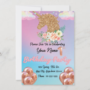 Invitación Cumpleaños de Rainbow Gold Unicorn