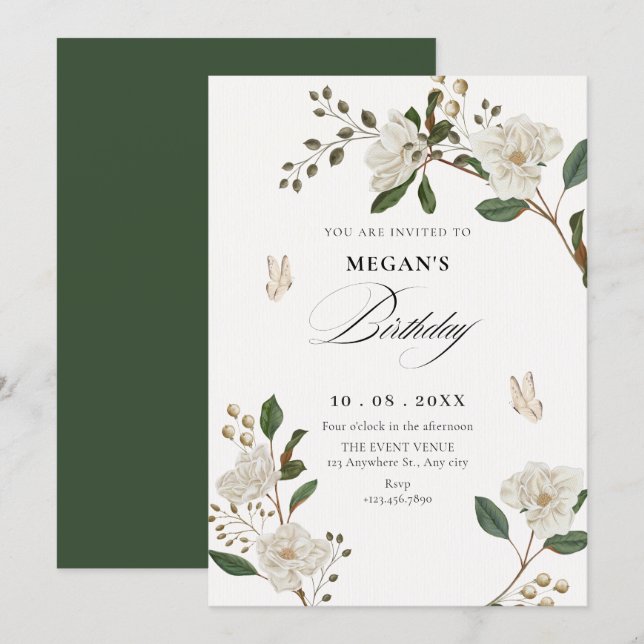 Invitación cumpleaños de rama de flores (Anverso / Reverso)