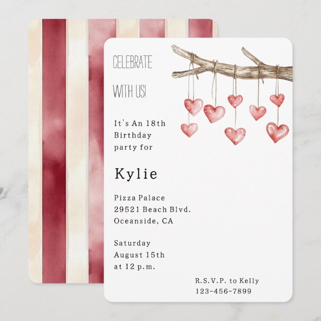 Invitación Cumpleaños de Rama del Árbol del Corazón (Anverso / Reverso)