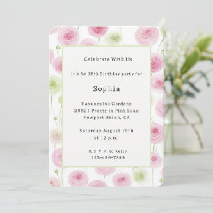 Invitación Cumpleaños de Ranunculus de Menta Rosa Bonito